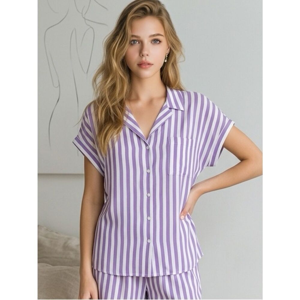 NWT Apt 9 Women’s Purple Striped Short Sleeve Button Down Lounge Pajama Shirt- L